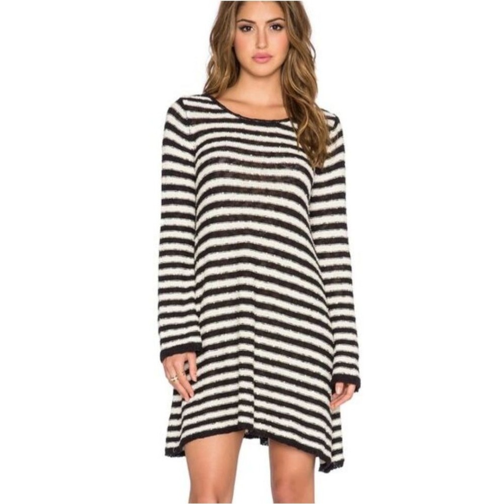 FREE PEOPLE Counting Stripes Long Sleeve Sweater Swing Dress XS Black Cream